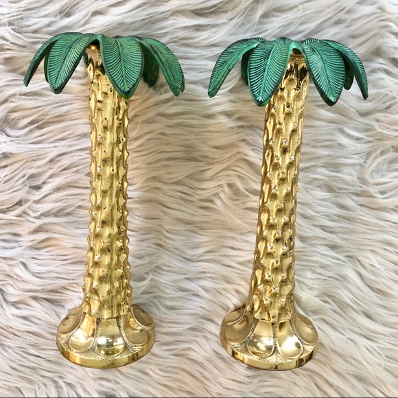 Vintage | Palm Tree Taper Candleholders Green Gold PAIR Preppy Palm Beach - Picture 8 of 8
